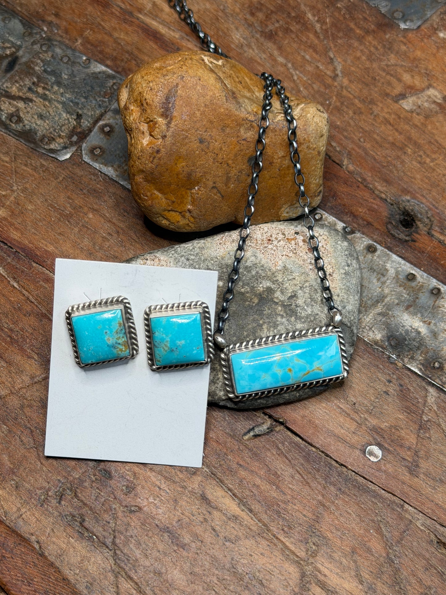 Robyn - Turquoise Medium Bar Necklace and Turquoise Square Stud Earrings