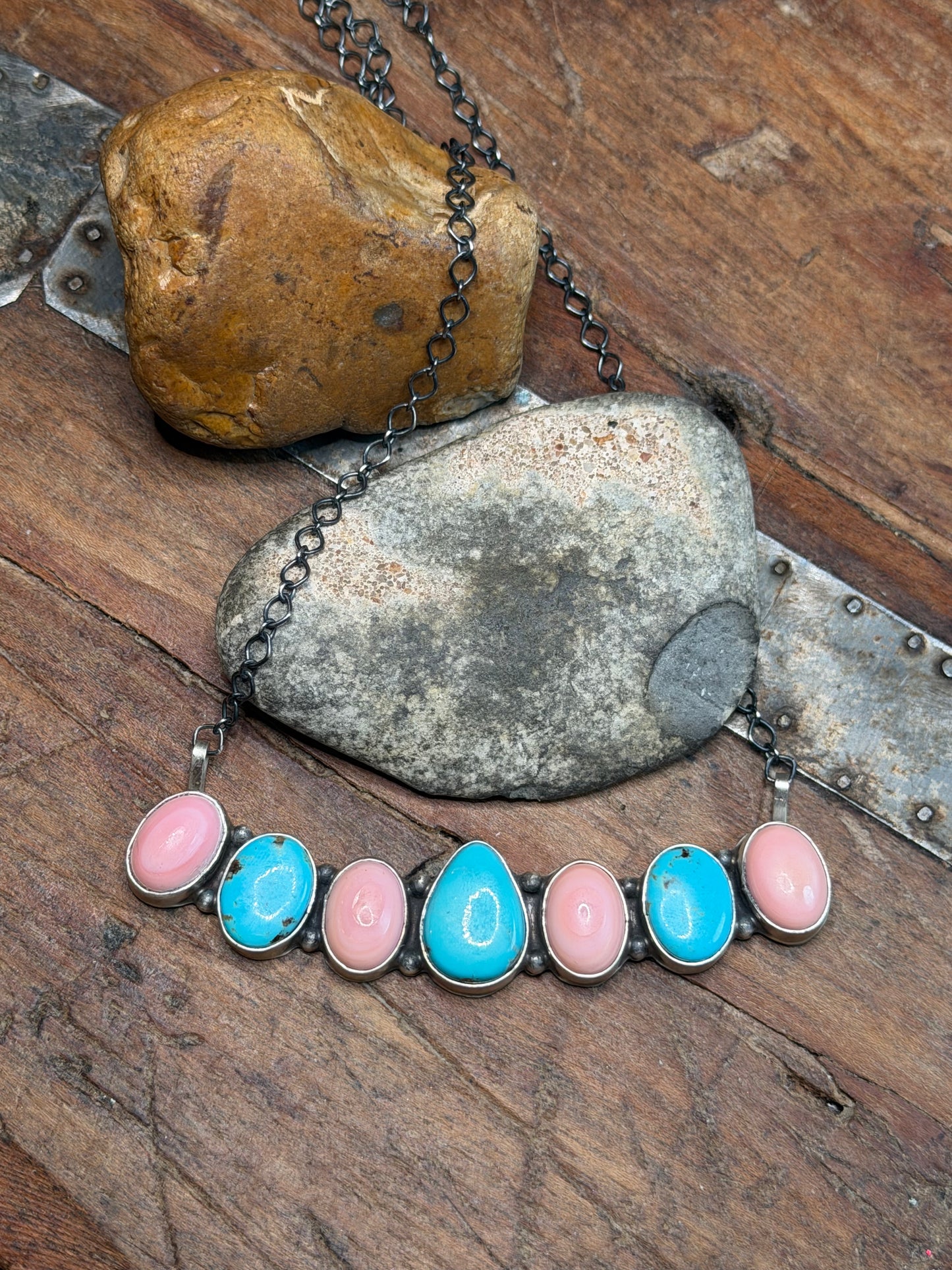 Kayla - Turquoise and Pink Conch 7 Stone Bar Style Necklace